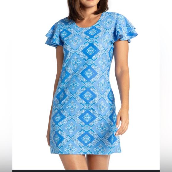 Windermere Ruffle Short Sleeve Blue Dress size Large UPF 50 Women's New - Picture 1 of 9